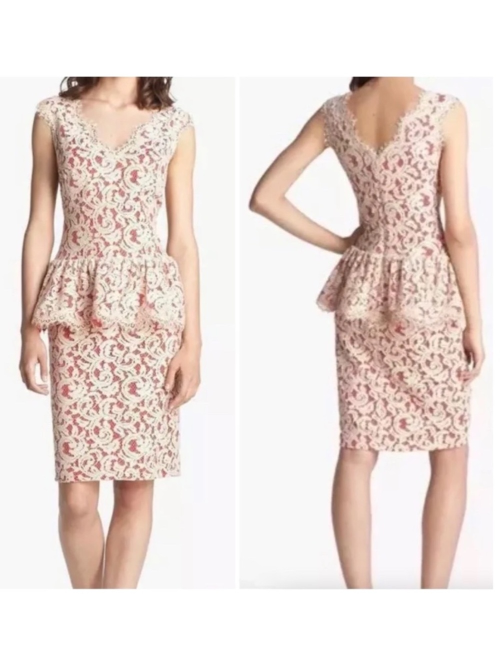 Tadashi Shoji Lace Peplum Sheath Cocktail Dress Beige Red Women's Size 14